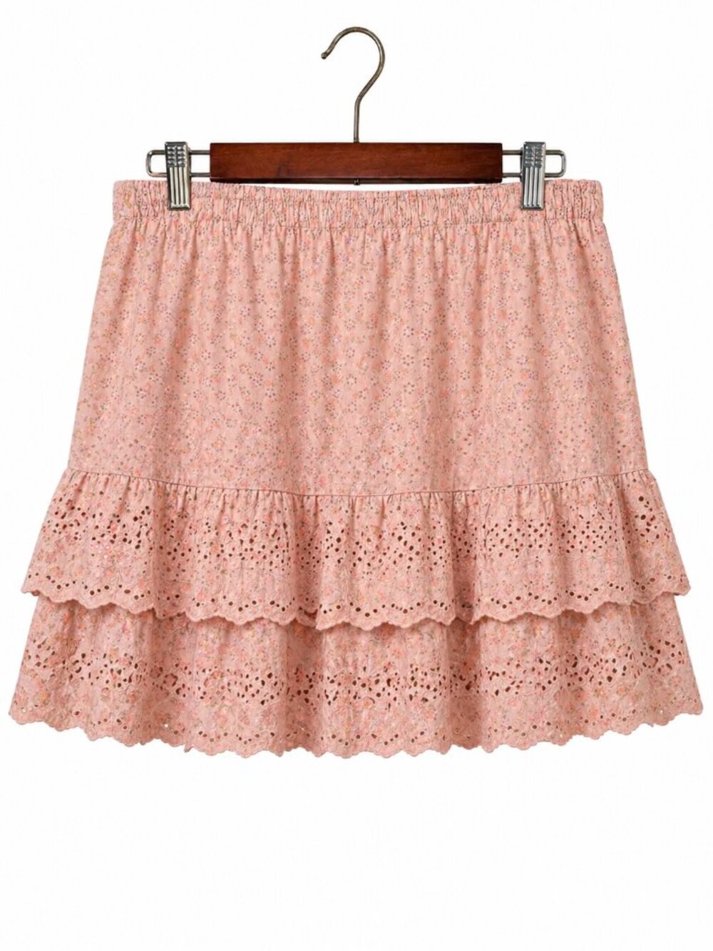 Pink Eyelet Tiered Mini Skirt | Cottagecore Coquette Ruffle Skirt | Boho Feminin - Picture 2 of 7